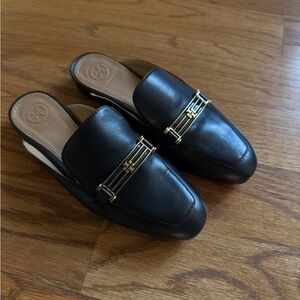 Tory Burch Black Leather Loafers with Gold Accent